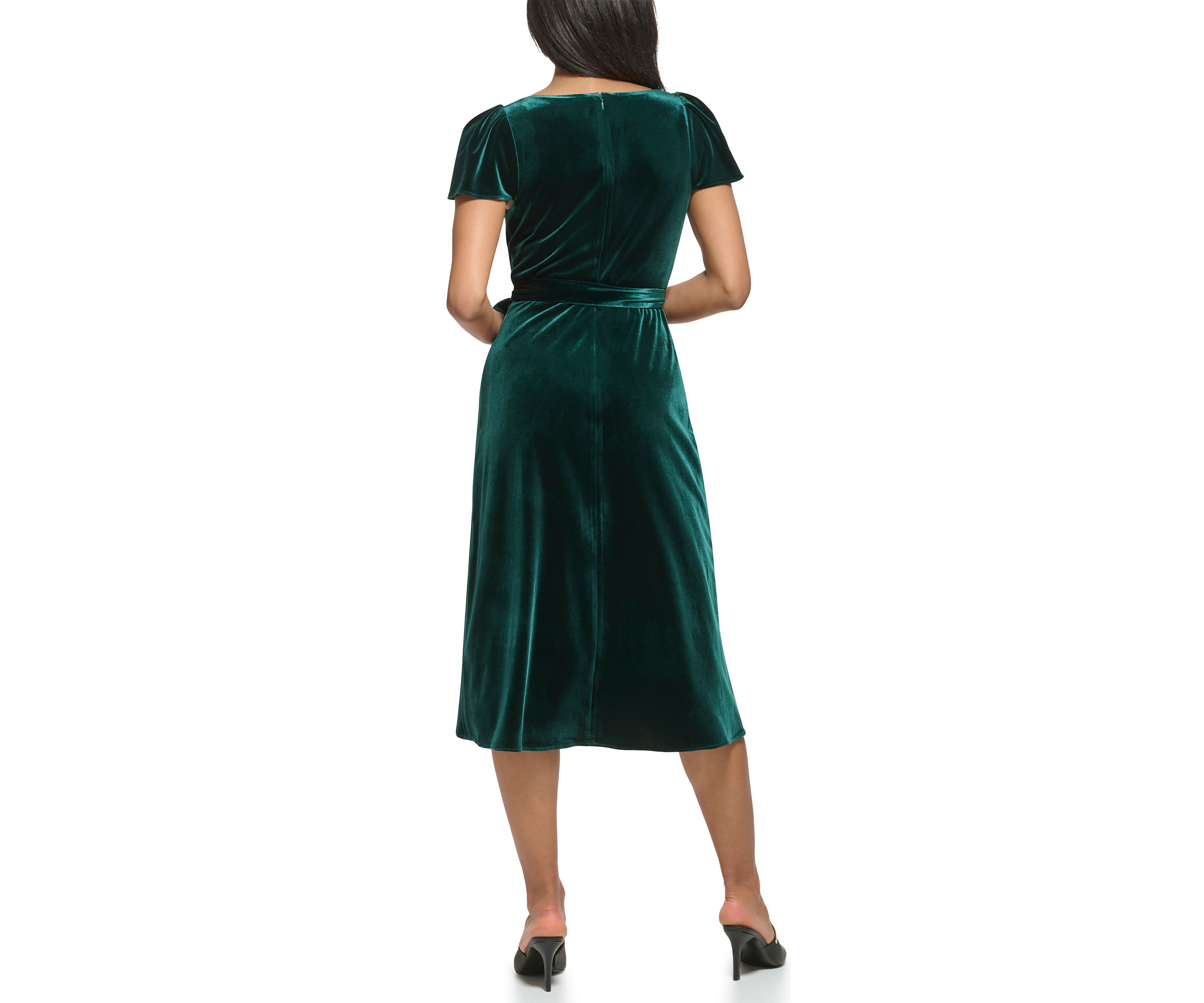 Womens Flutter Sleeve Tie Waist Velvet Fit and Flare Dress