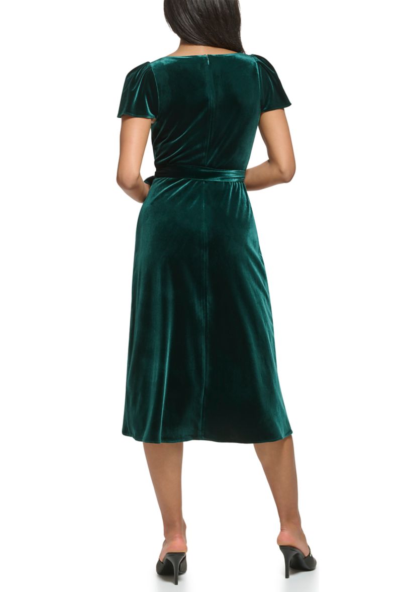 Womens Flutter Sleeve Tie Waist Velvet Fit and Flare Dress