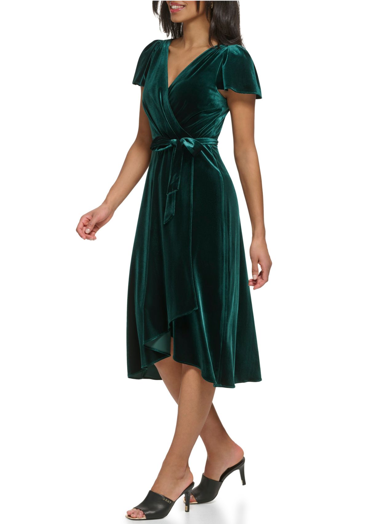 Womens Flutter Sleeve Tie Waist Velvet Fit and Flare Dress
