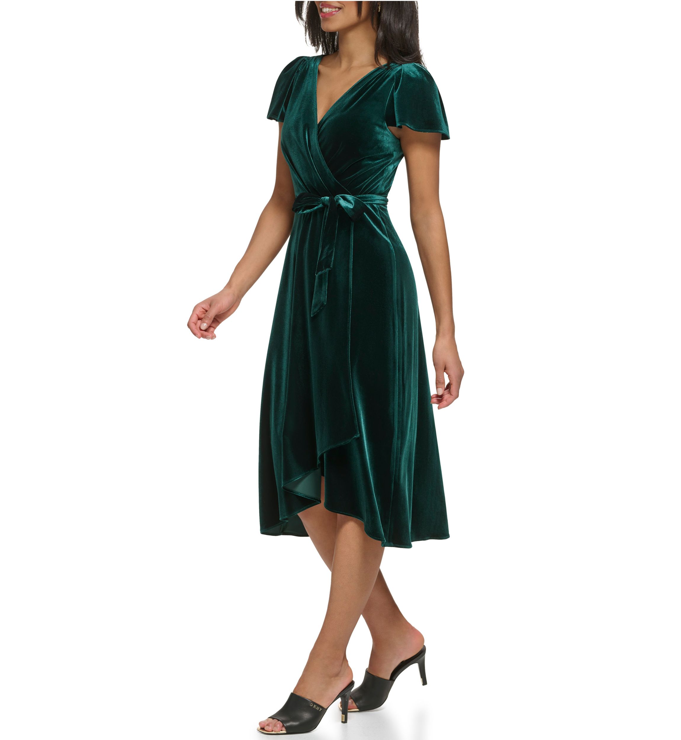 Womens Flutter Sleeve Tie Waist Velvet Fit and Flare Dress