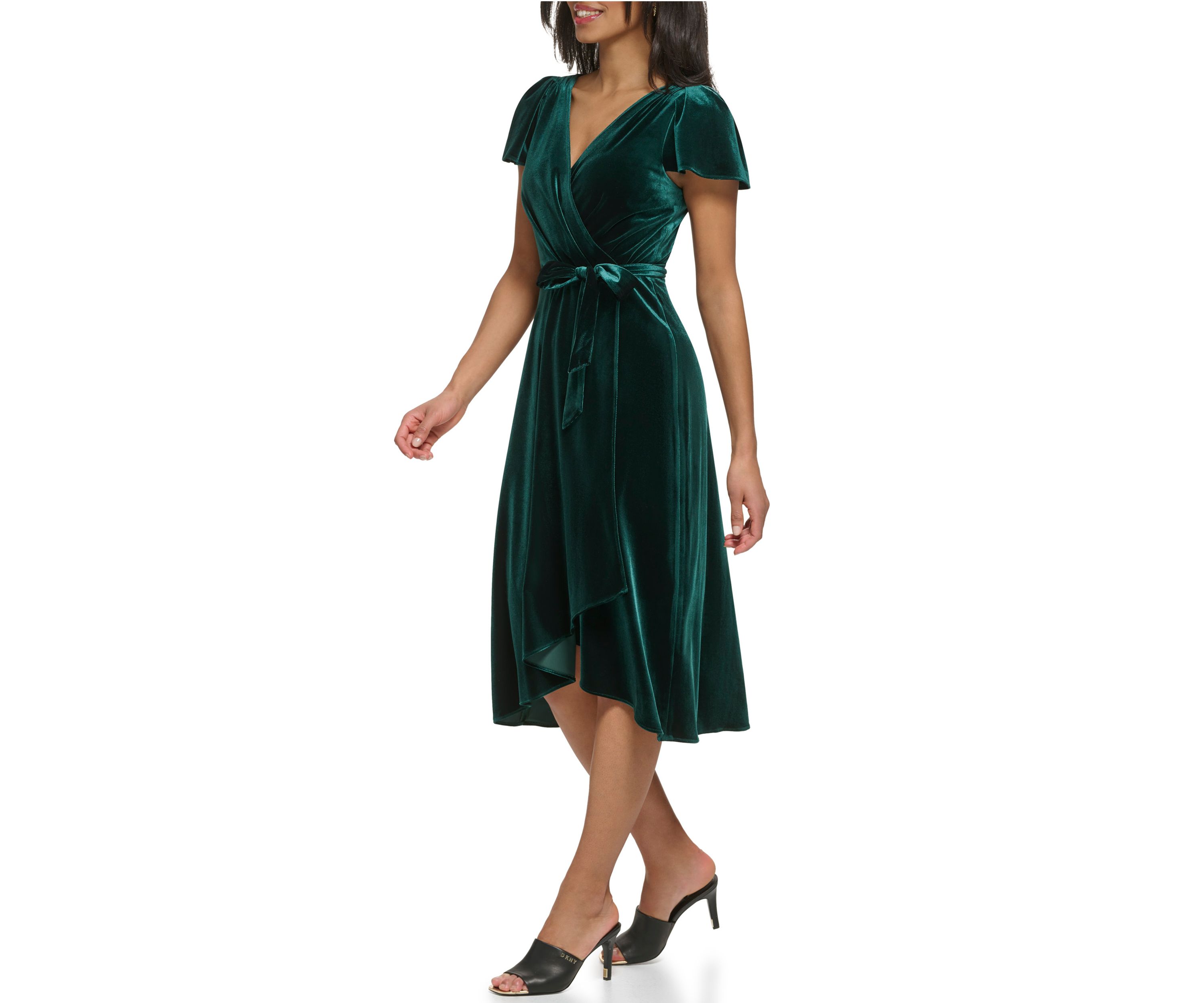 Womens Flutter Sleeve Tie Waist Velvet Fit and Flare Dress