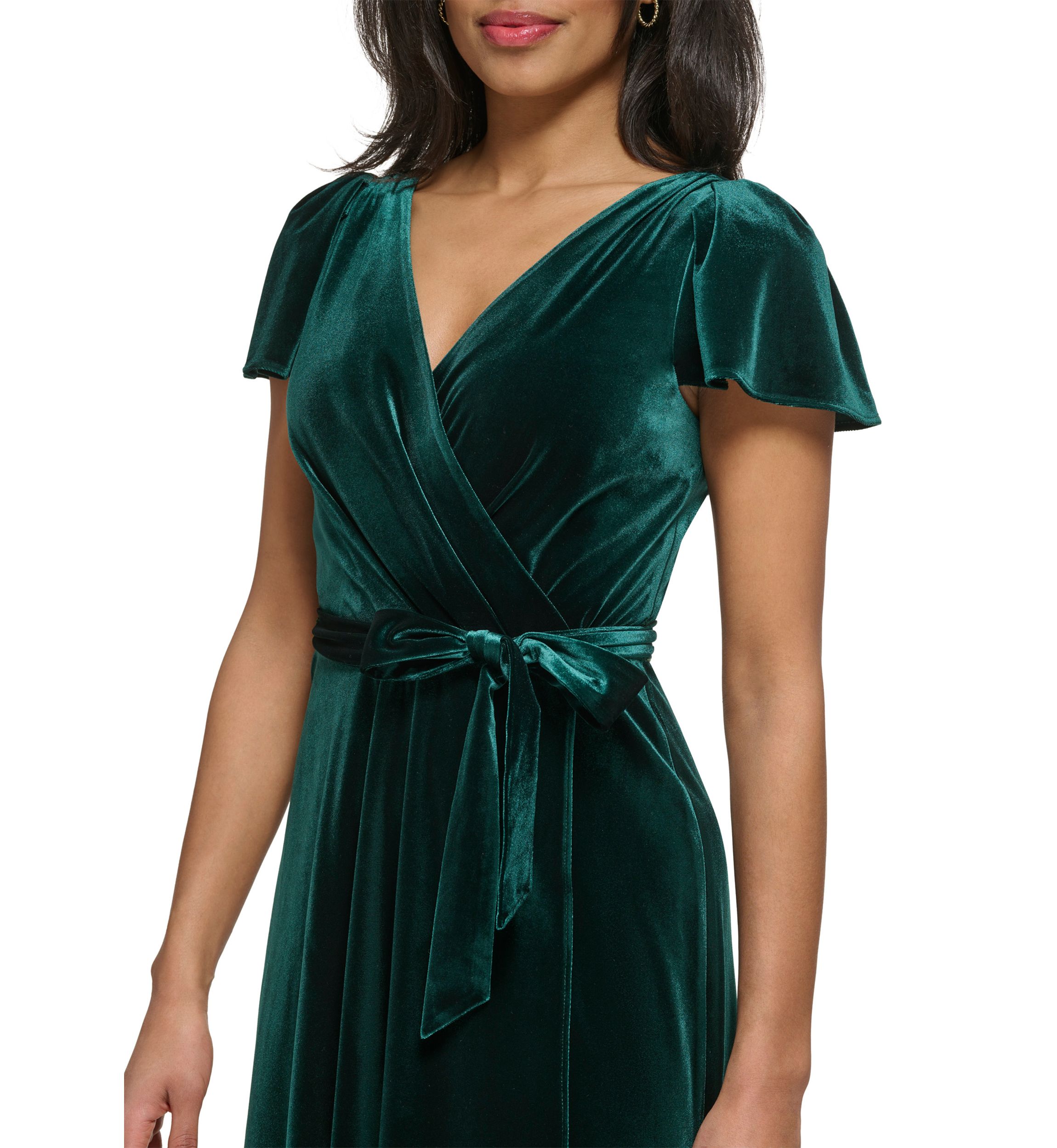 Womens Flutter Sleeve Tie Waist Velvet Fit and Flare Dress