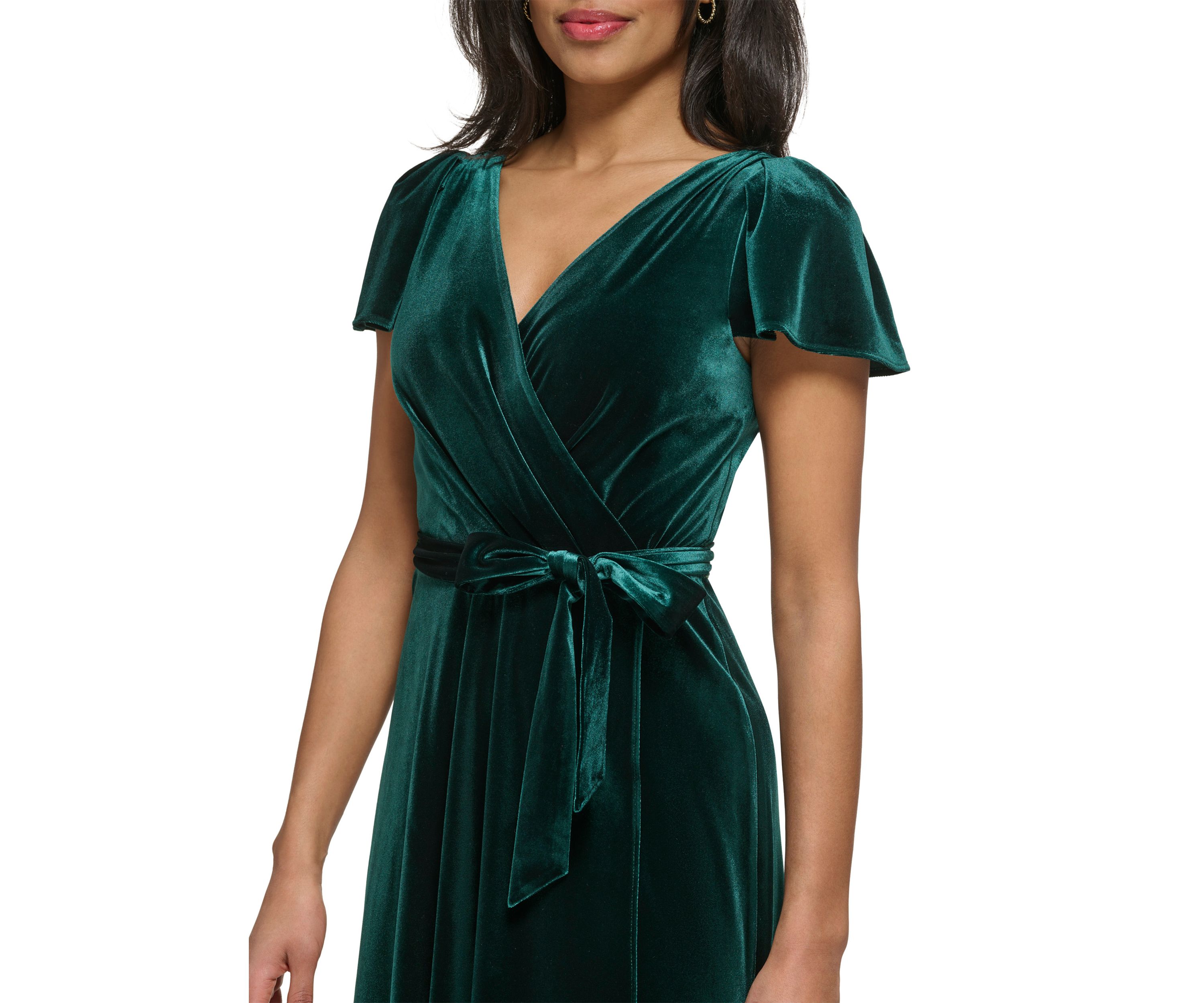 Womens Flutter Sleeve Tie Waist Velvet Fit and Flare Dress