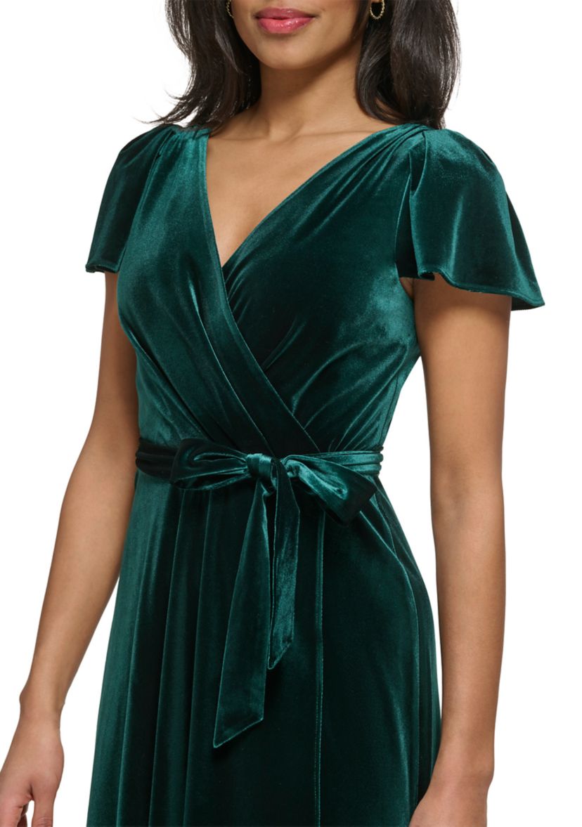 Womens Flutter Sleeve Tie Waist Velvet Fit and Flare Dress
