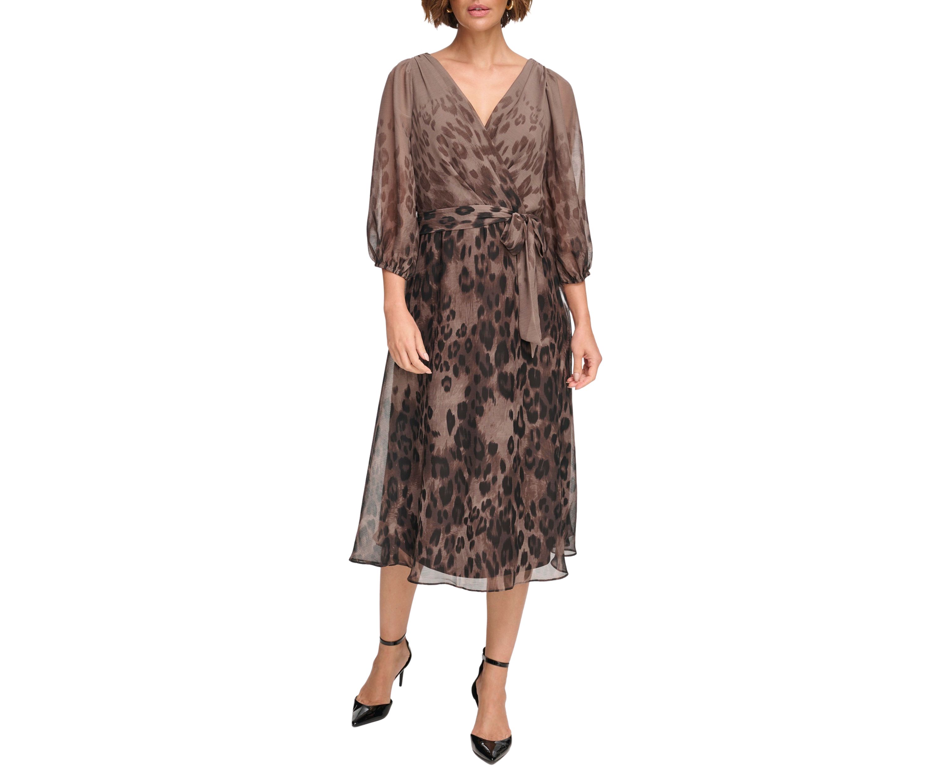 Womens Puff Sleeve Tie Waist Printed Dress