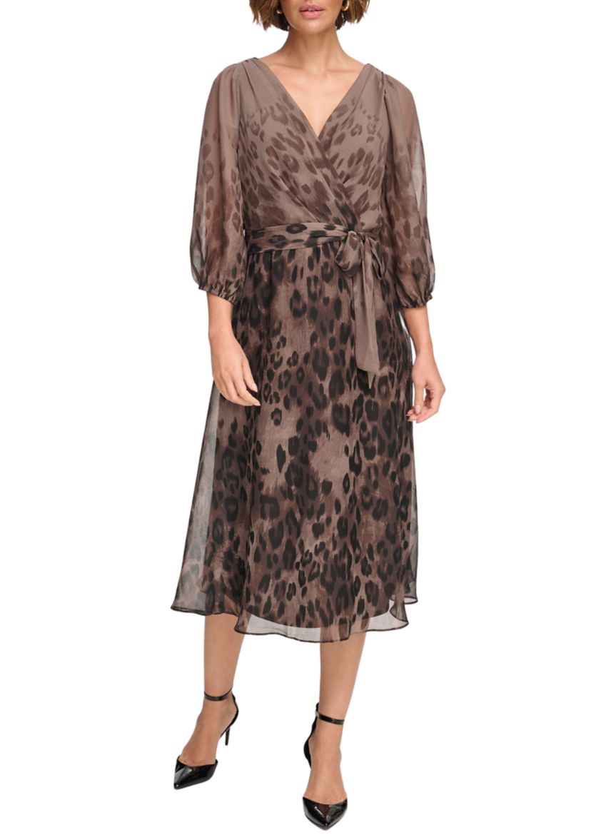 Womens Puff Sleeve Tie Waist Printed Dress