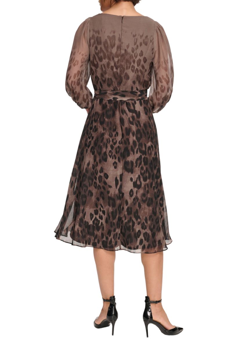 Womens Puff Sleeve Tie Waist Printed Dress
