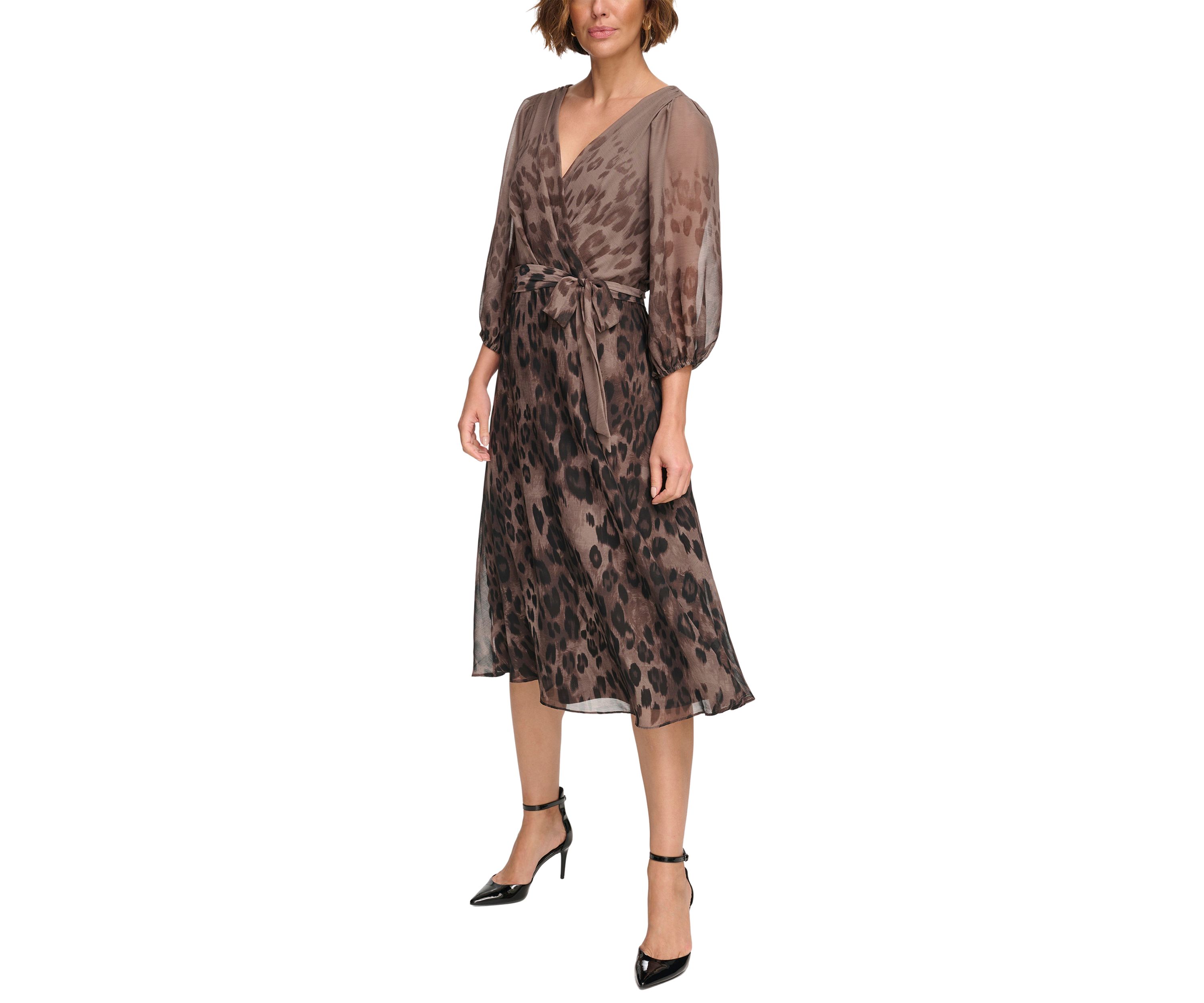 Womens Puff Sleeve Tie Waist Printed Dress