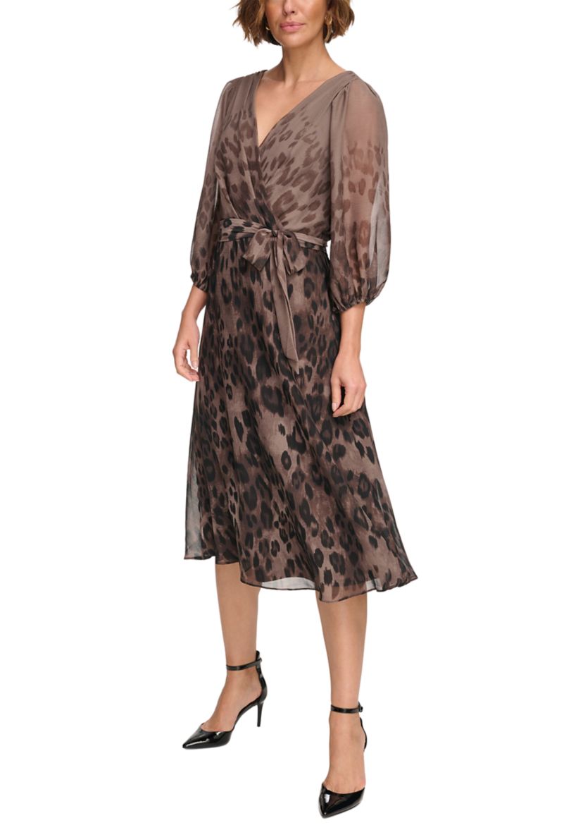Womens Puff Sleeve Tie Waist Printed Dress