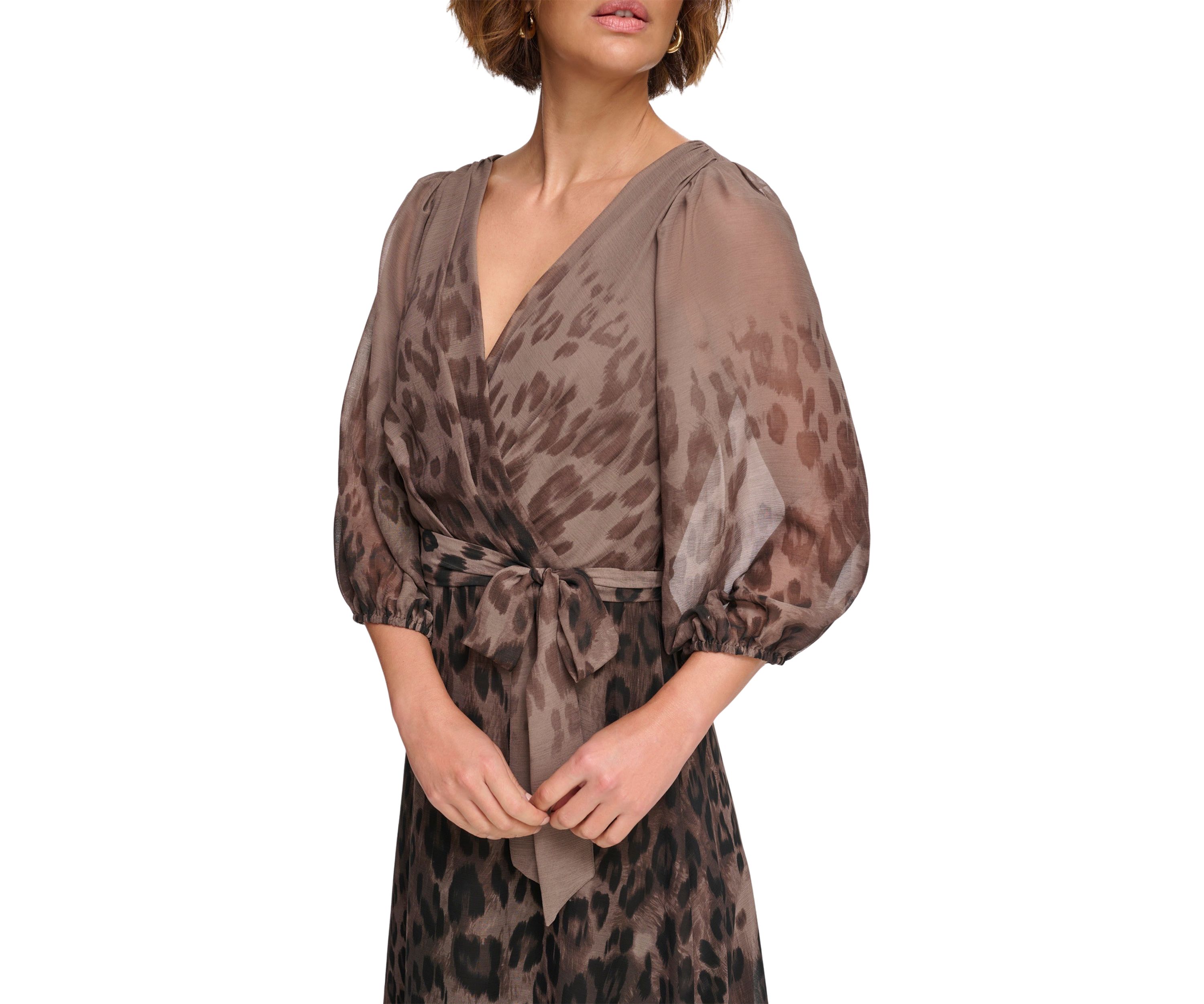 Womens Puff Sleeve Tie Waist Printed Dress