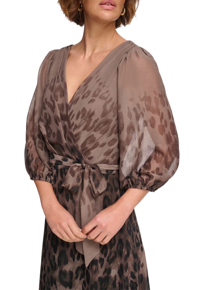 Womens Puff Sleeve Tie Waist Printed Dress