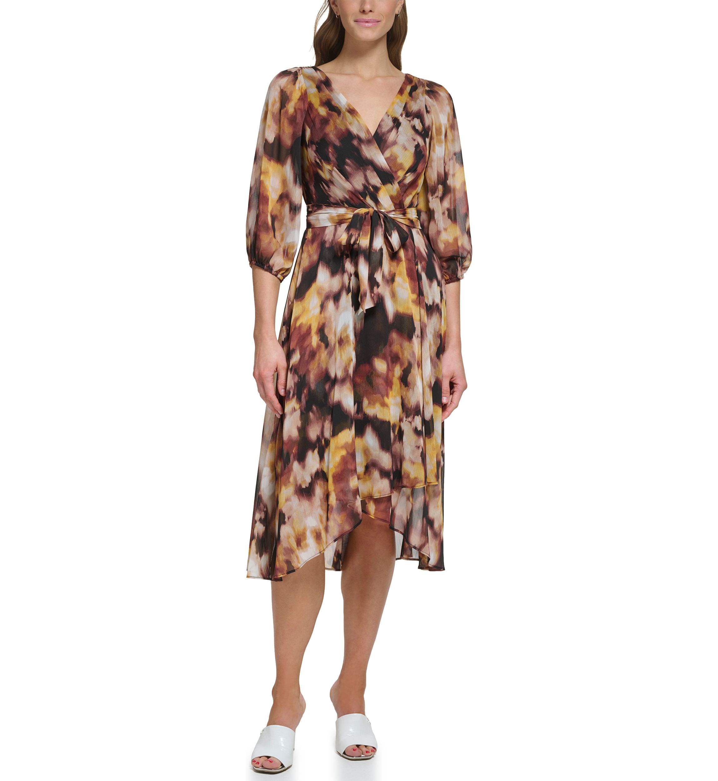 Womens Blouson Sleeve Floral Wrap Dress