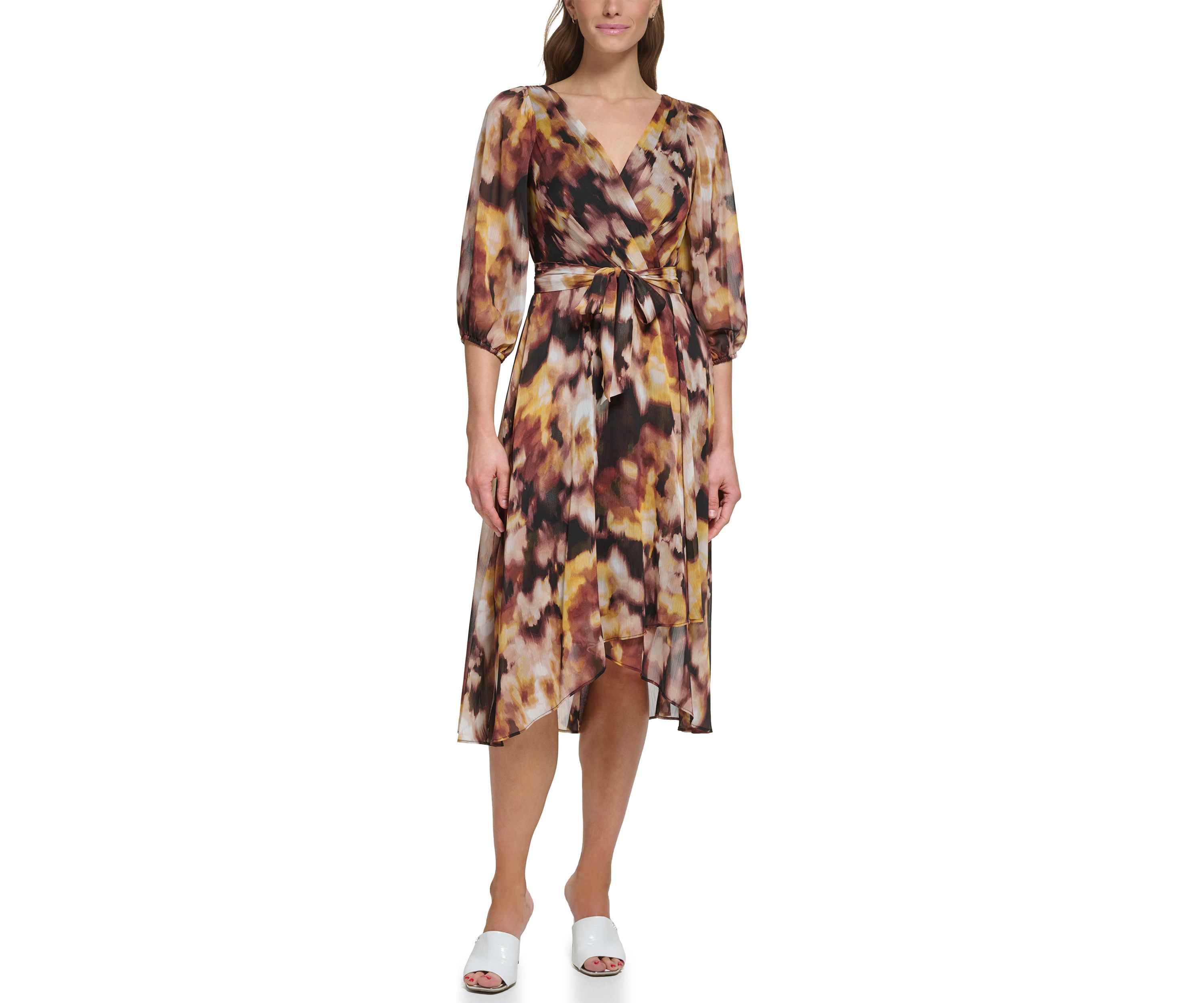 Womens Blouson Sleeve Floral Wrap Dress