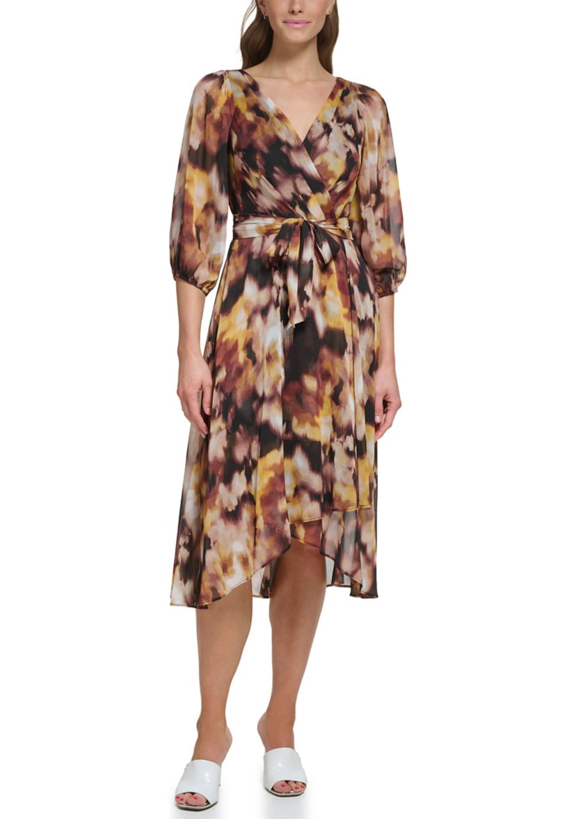 Womens Blouson Sleeve Floral Wrap Dress