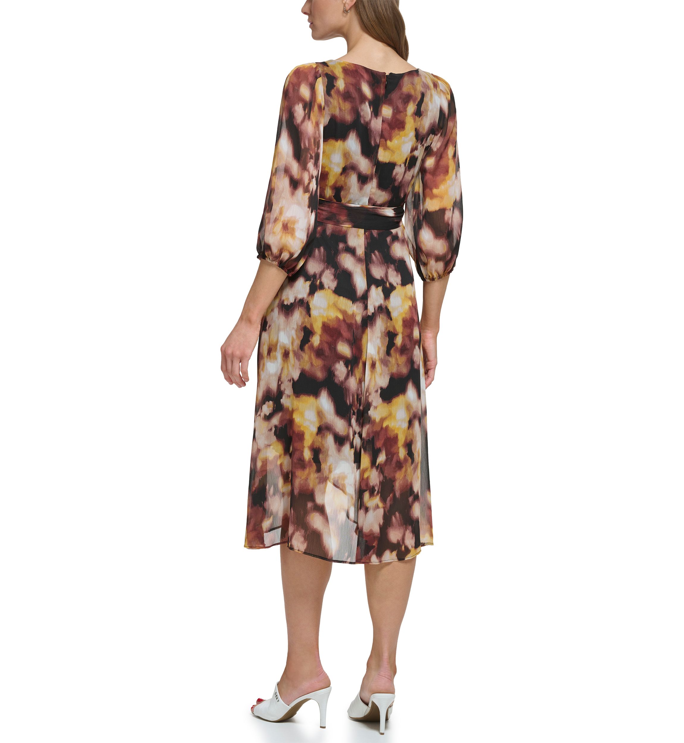 Womens Blouson Sleeve Floral Wrap Dress