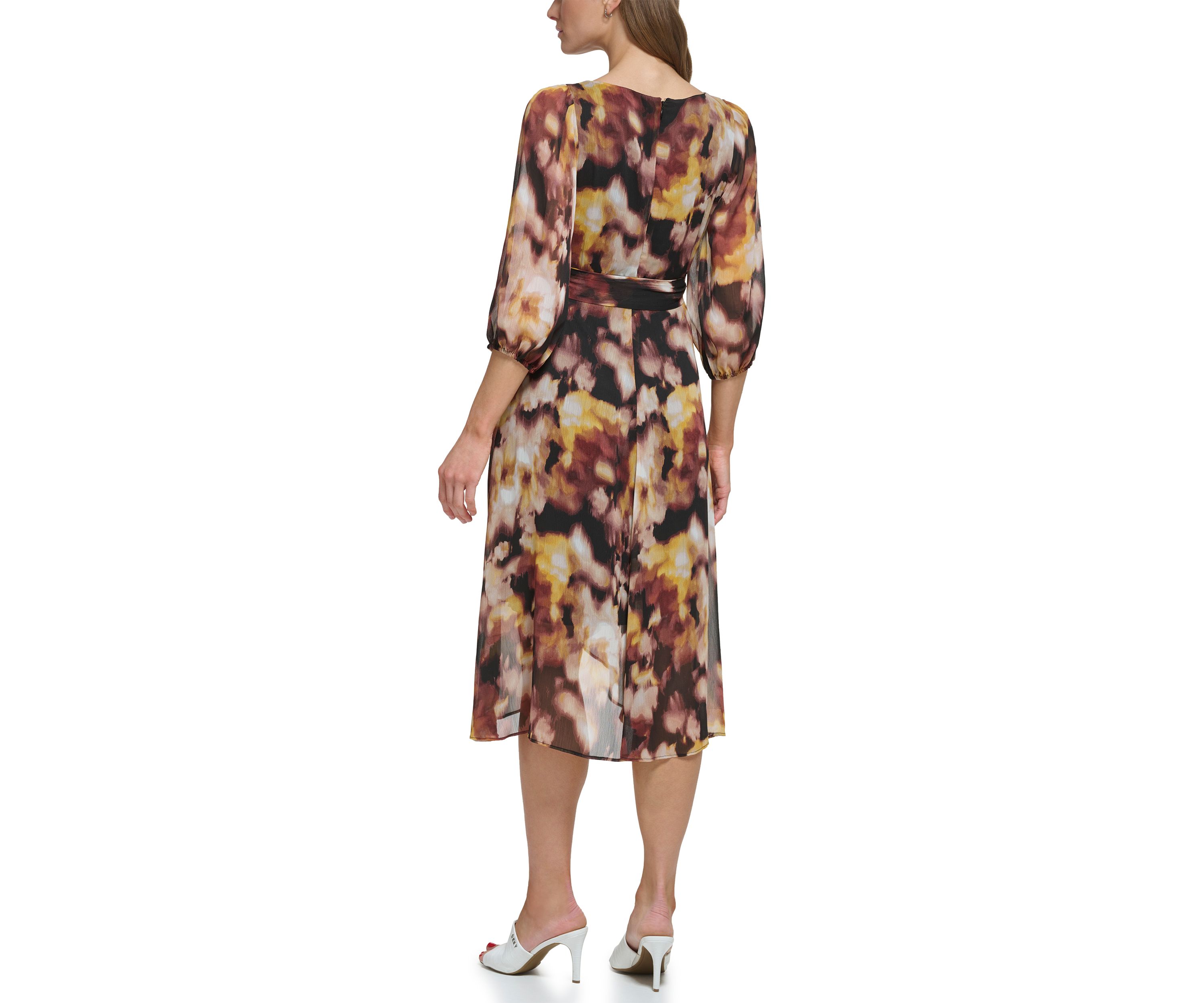 Womens Blouson Sleeve Floral Wrap Dress