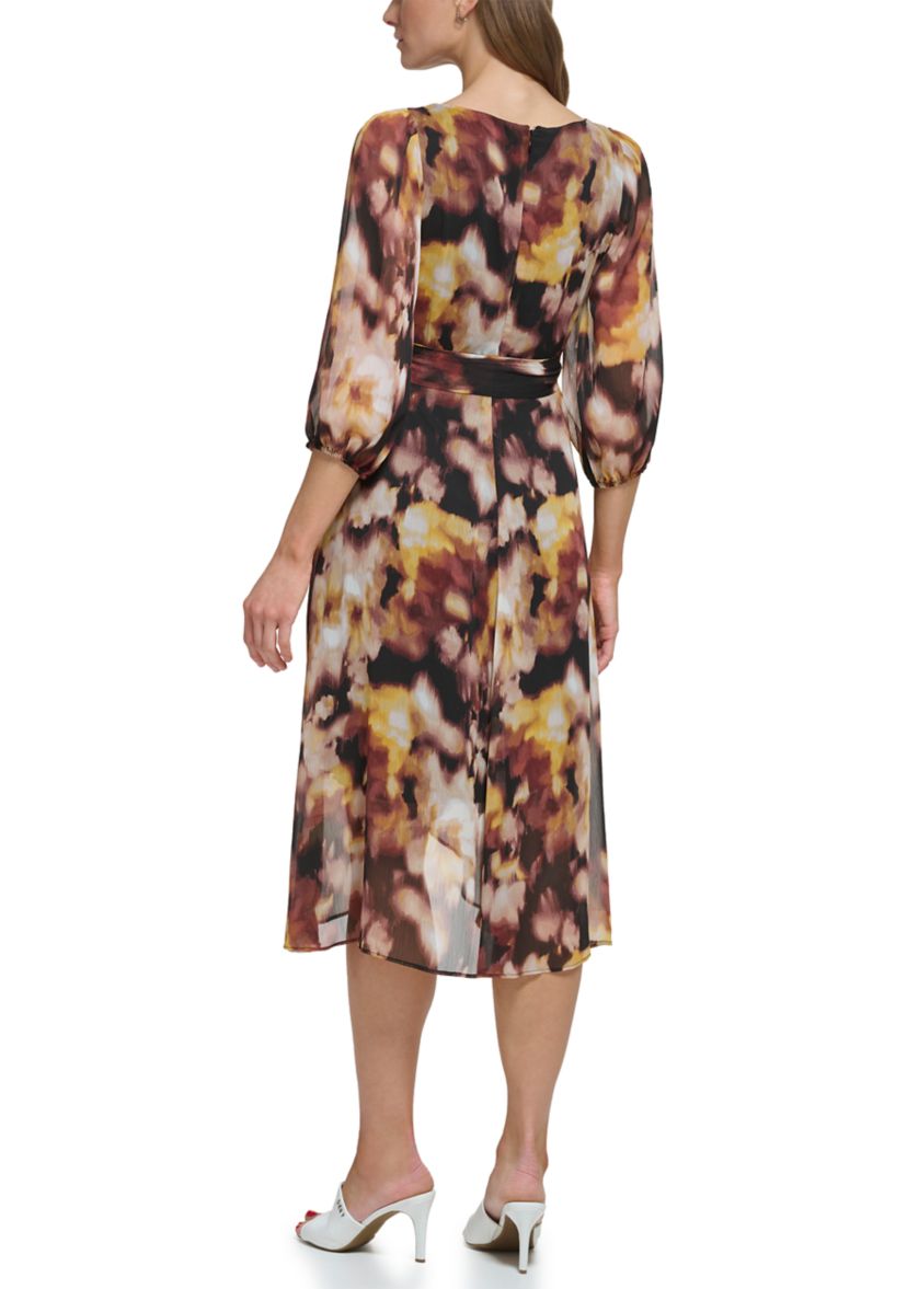 Womens Blouson Sleeve Floral Wrap Dress