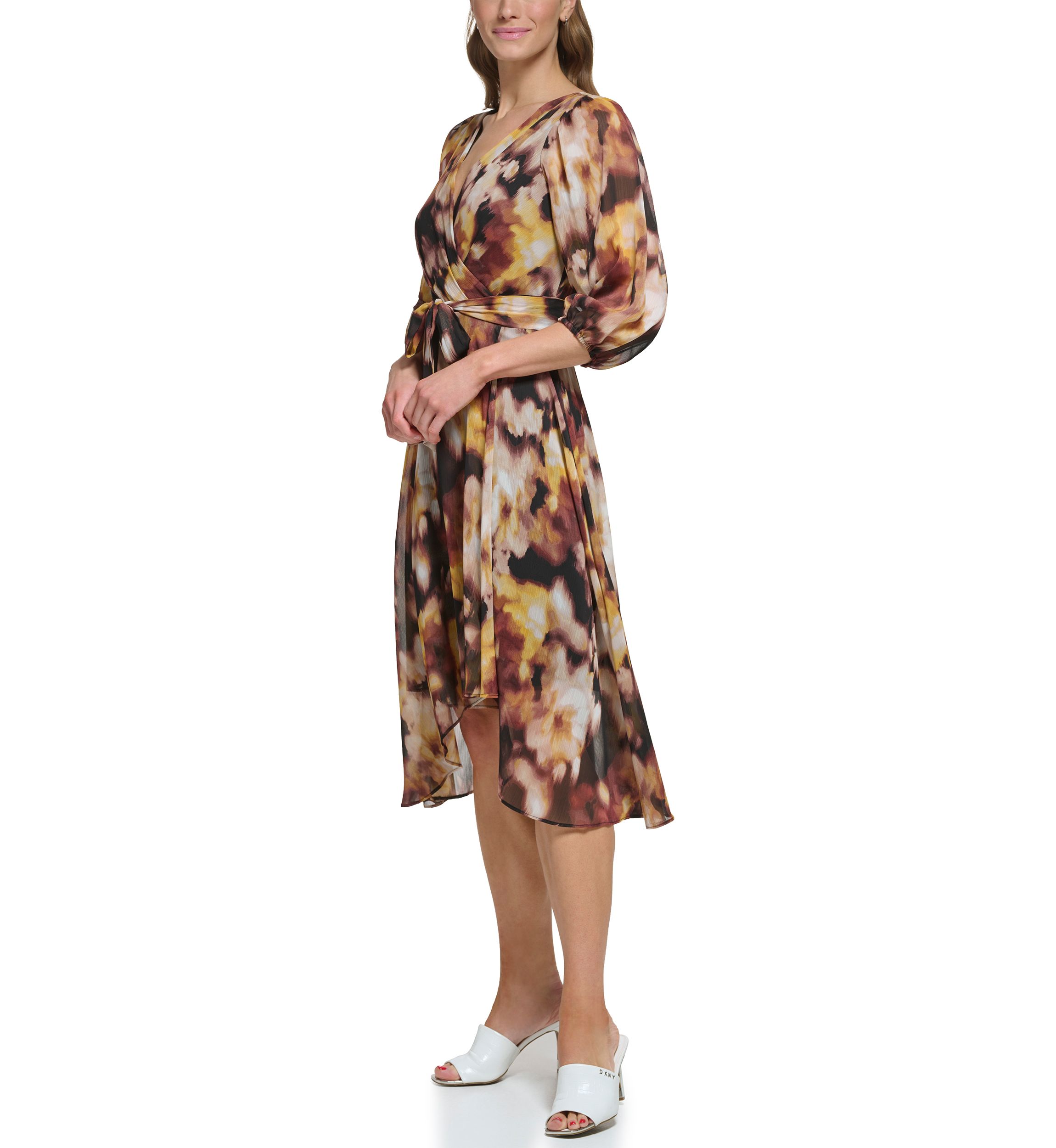 Womens Blouson Sleeve Floral Wrap Dress