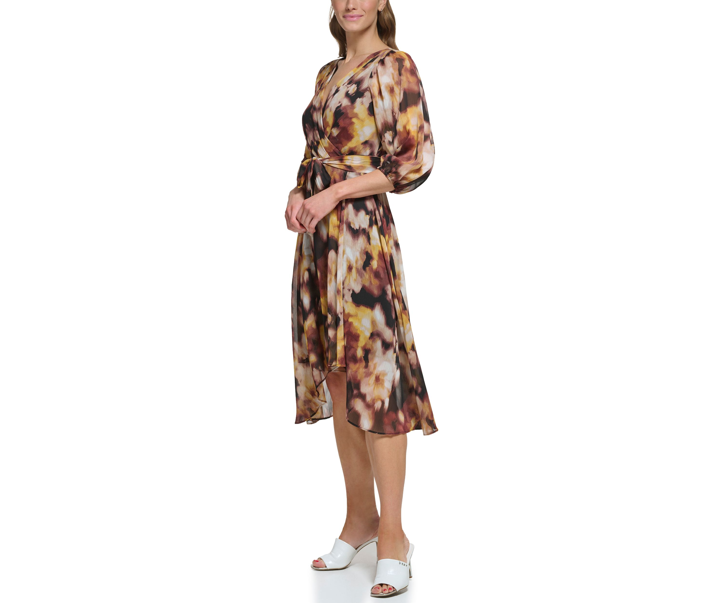 Womens Blouson Sleeve Floral Wrap Dress
