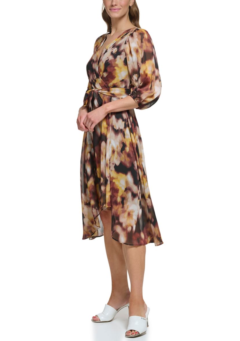 Womens Blouson Sleeve Floral Wrap Dress