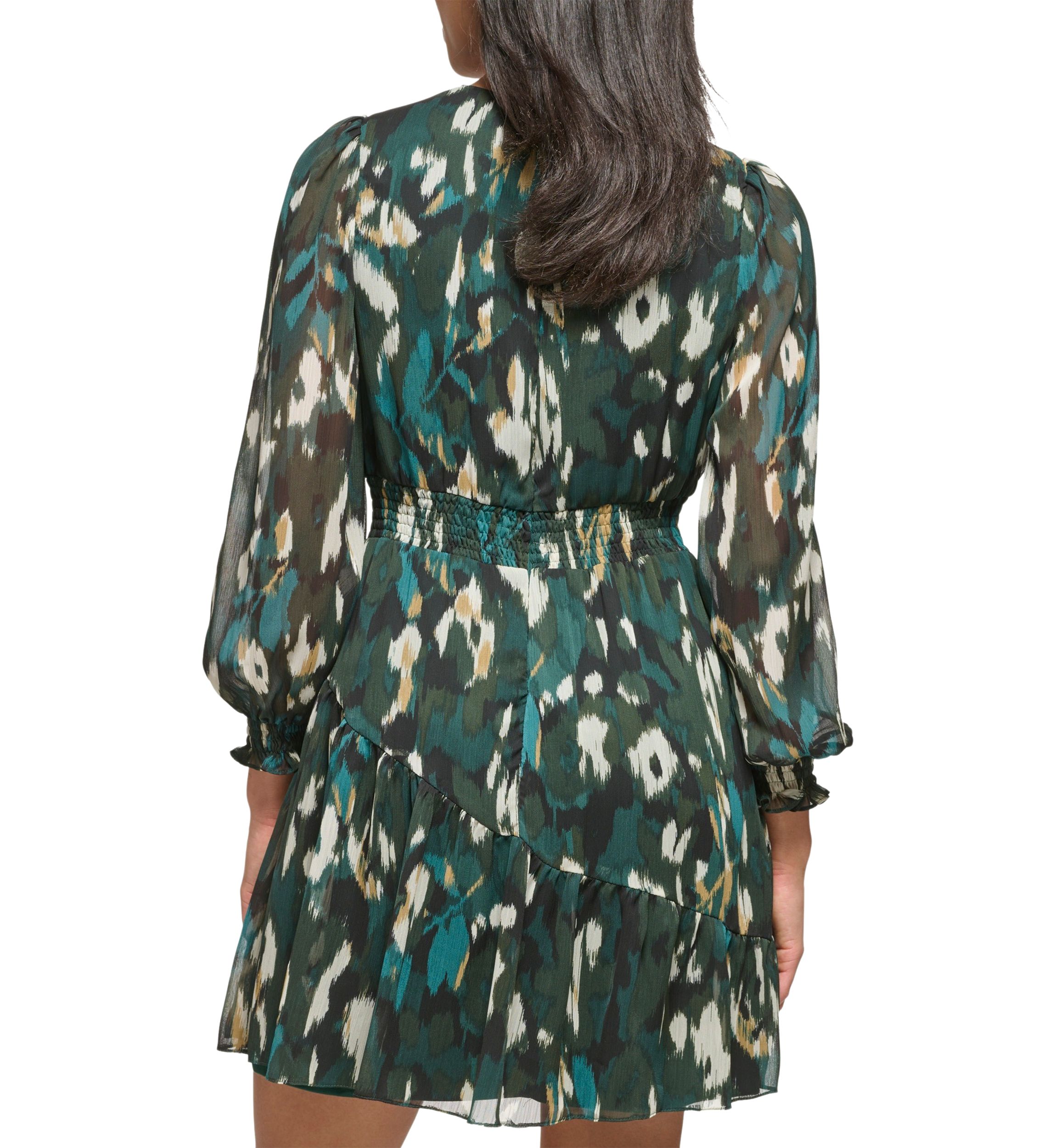 Womens Long Sleeve V-Neck Abstract Print Fit and Flare Dress