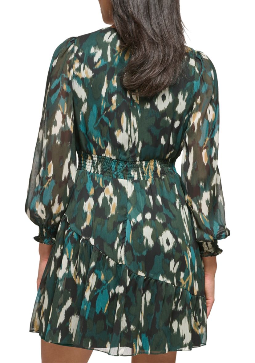 Womens Long Sleeve V-Neck Abstract Print Fit and Flare Dress