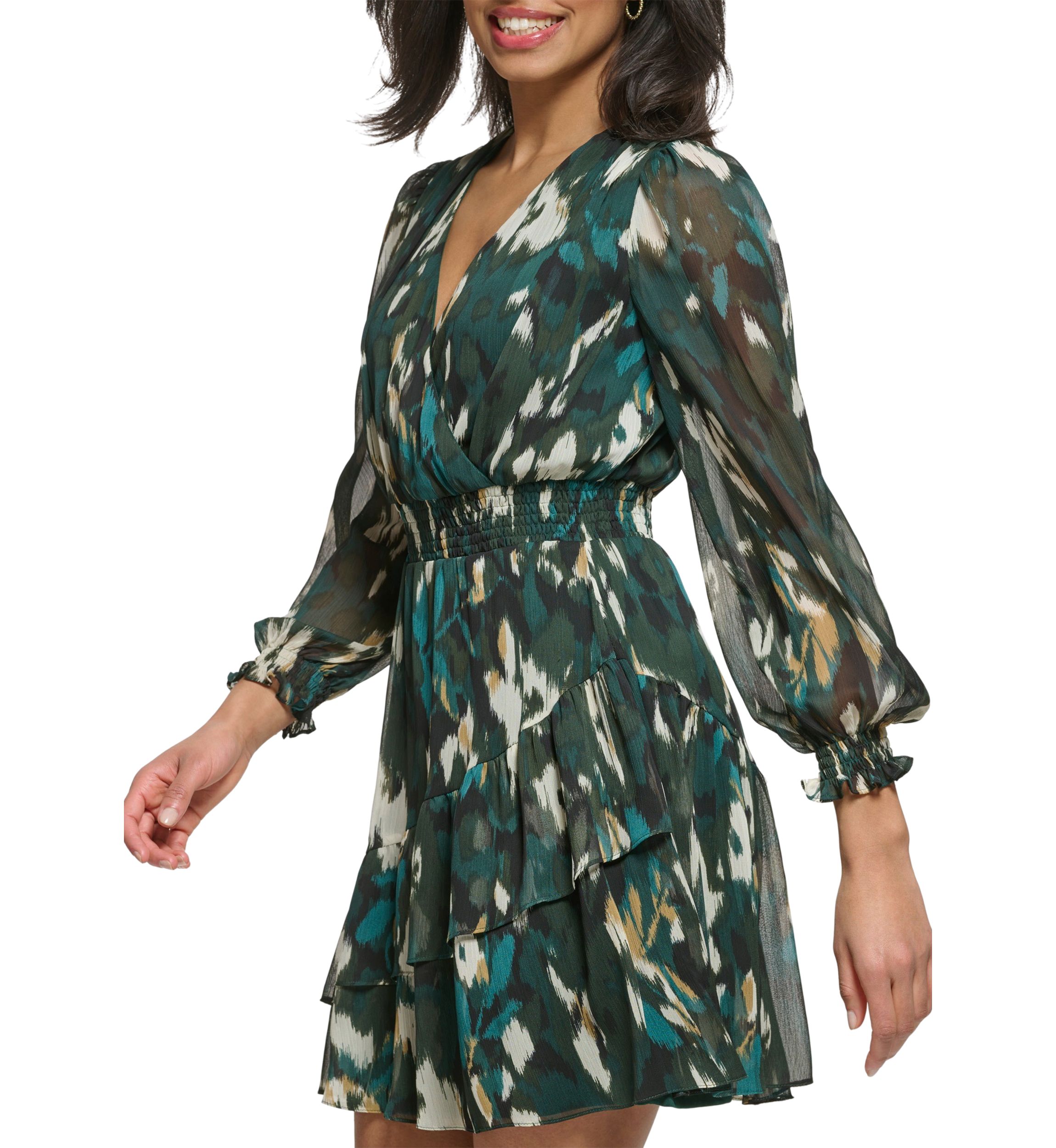 Womens Long Sleeve V-Neck Abstract Print Fit and Flare Dress
