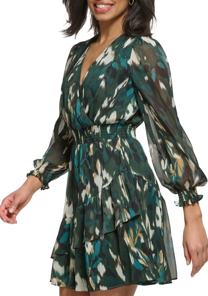 Womens Long Sleeve V-Neck Abstract Print Fit and Flare Dress
