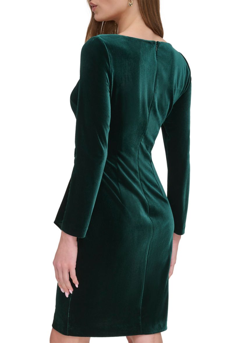 Womens Long Sleeve Square Neck Side Ruch Sheath Dress