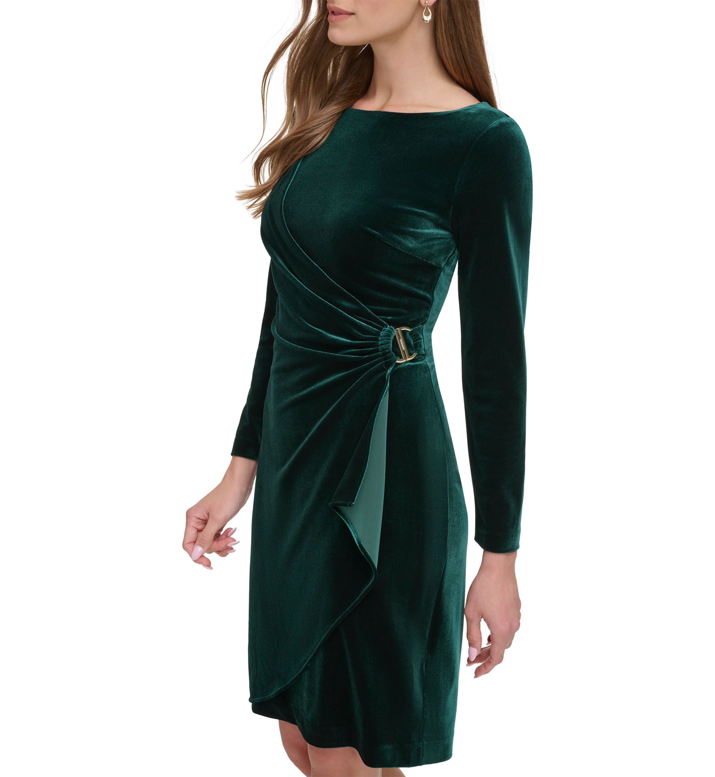 Womens Long Sleeve Square Neck Side Ruch Sheath Dress