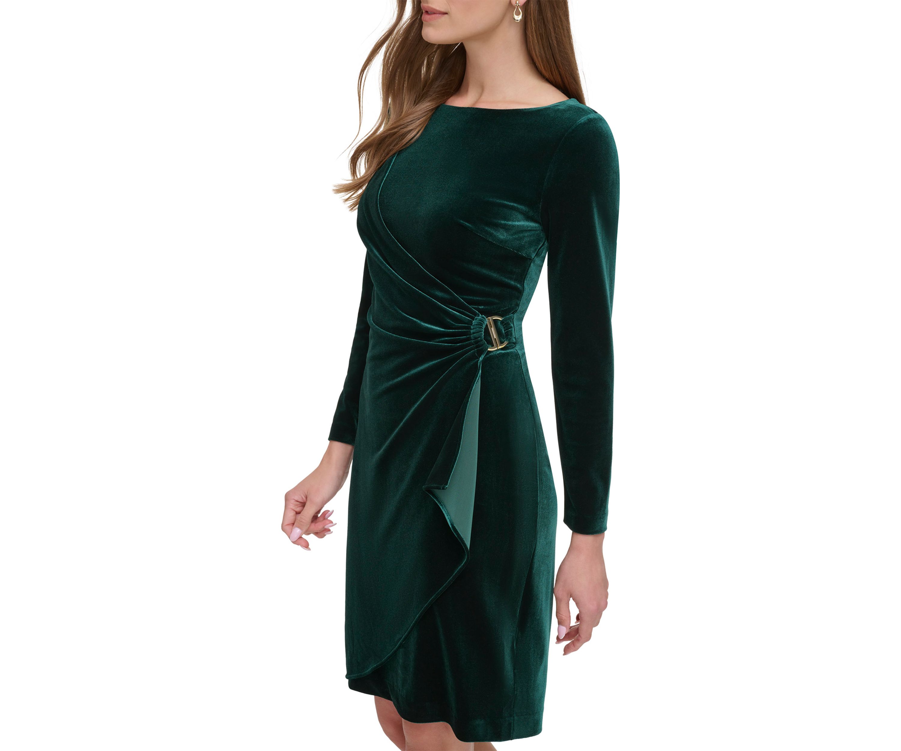Womens Long Sleeve Square Neck Side Ruch Sheath Dress