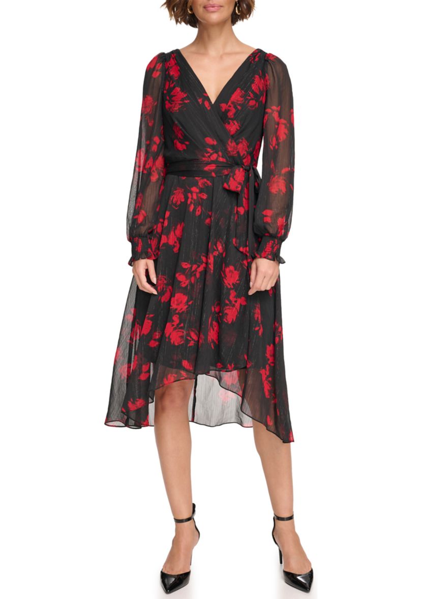 Womens Floral Chiffon Fit and Flare Dress