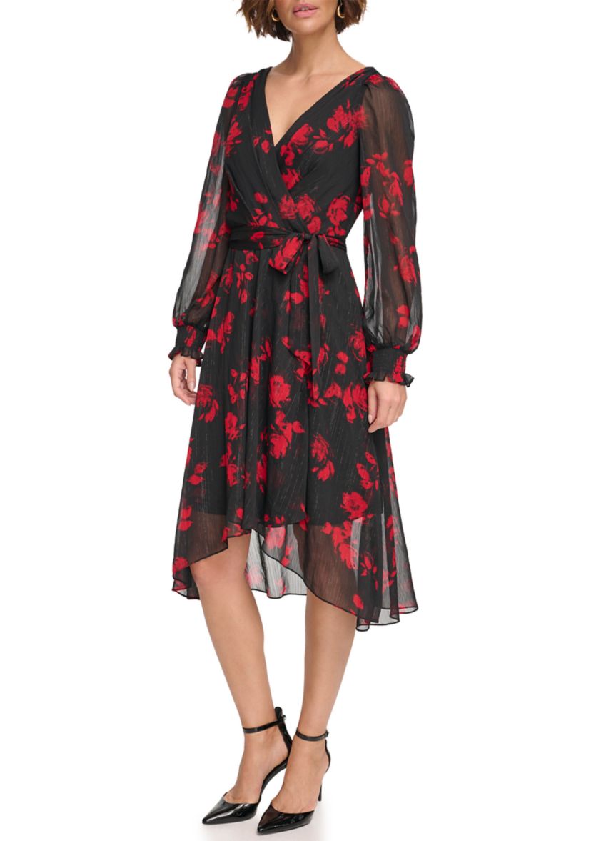 Womens Floral Chiffon Fit and Flare Dress