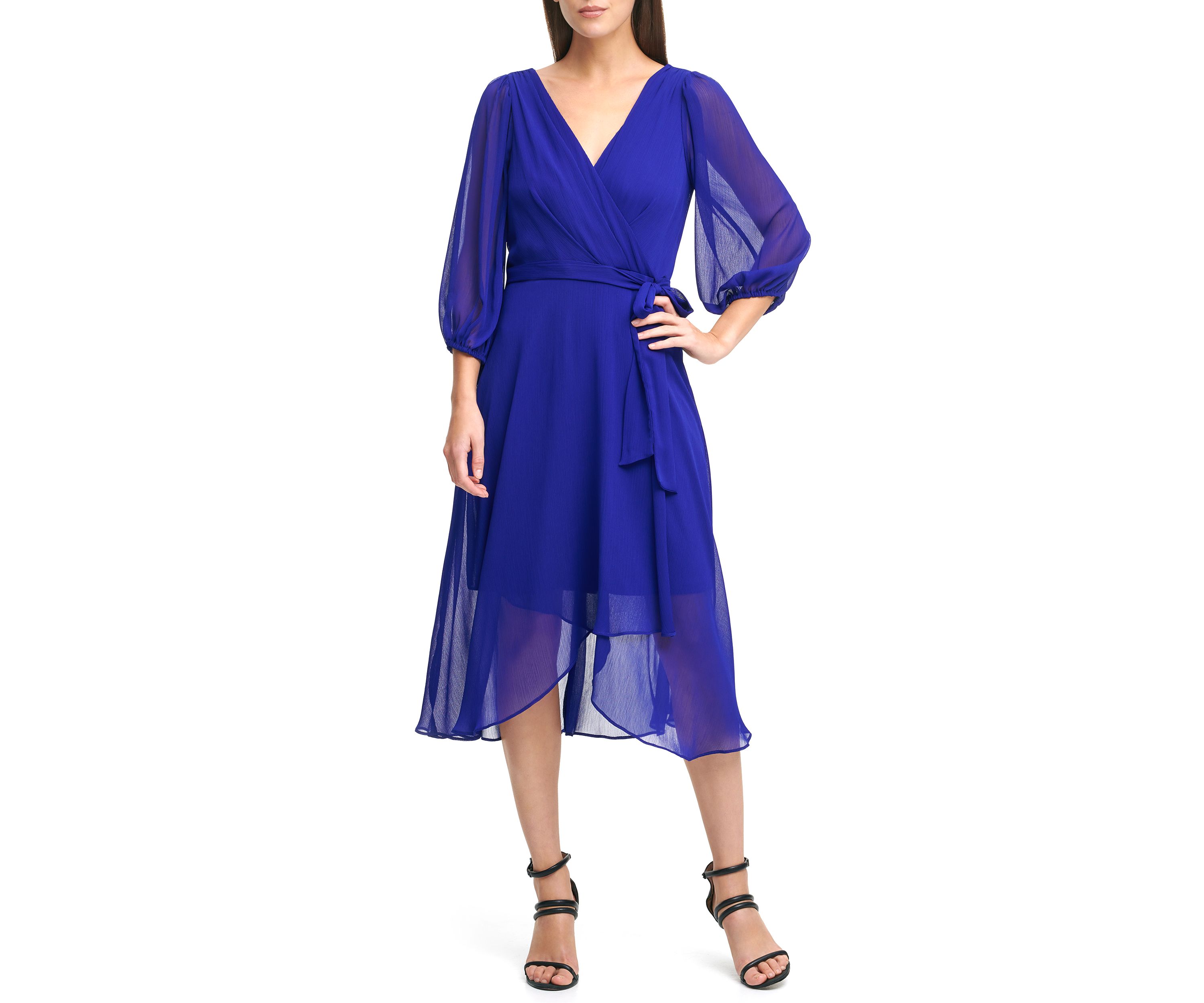 Womens Blouson Sleeve Tie Waist Solid Fit and Flare Dress