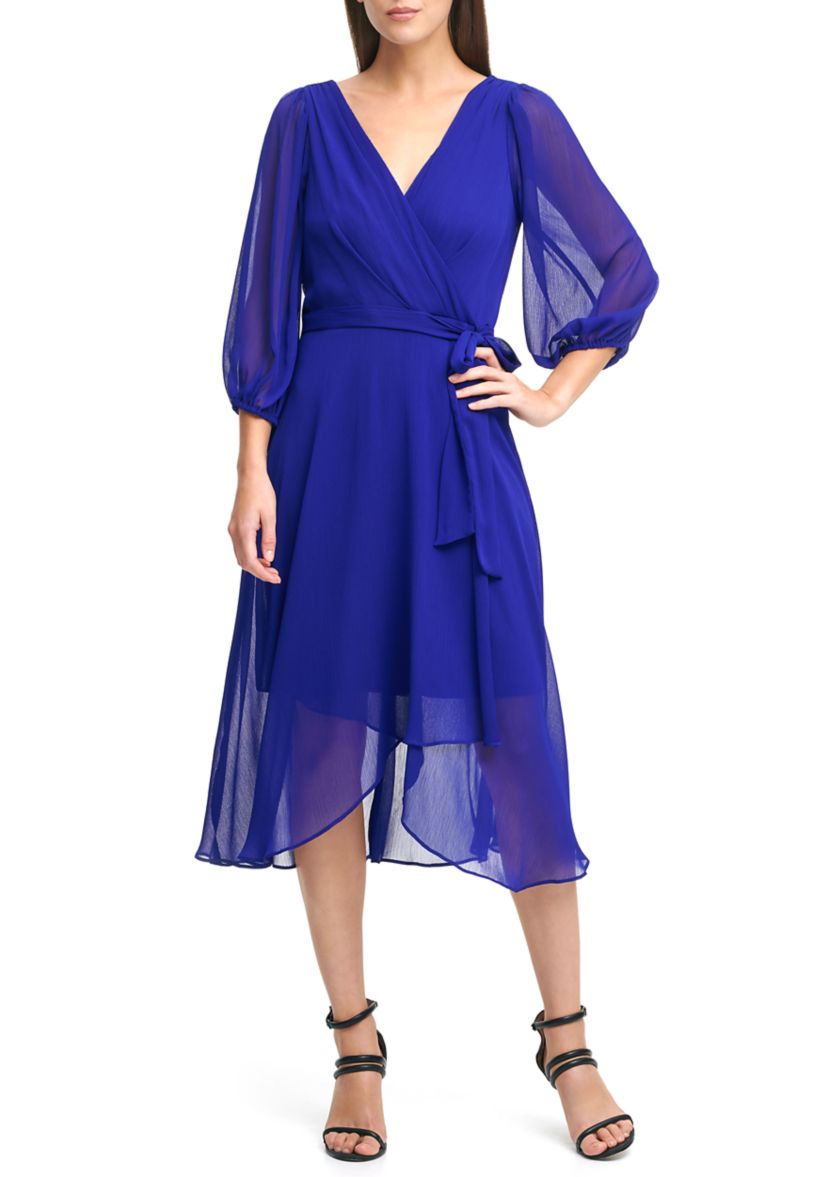 Womens Blouson Sleeve Tie Waist Solid Fit and Flare Dress