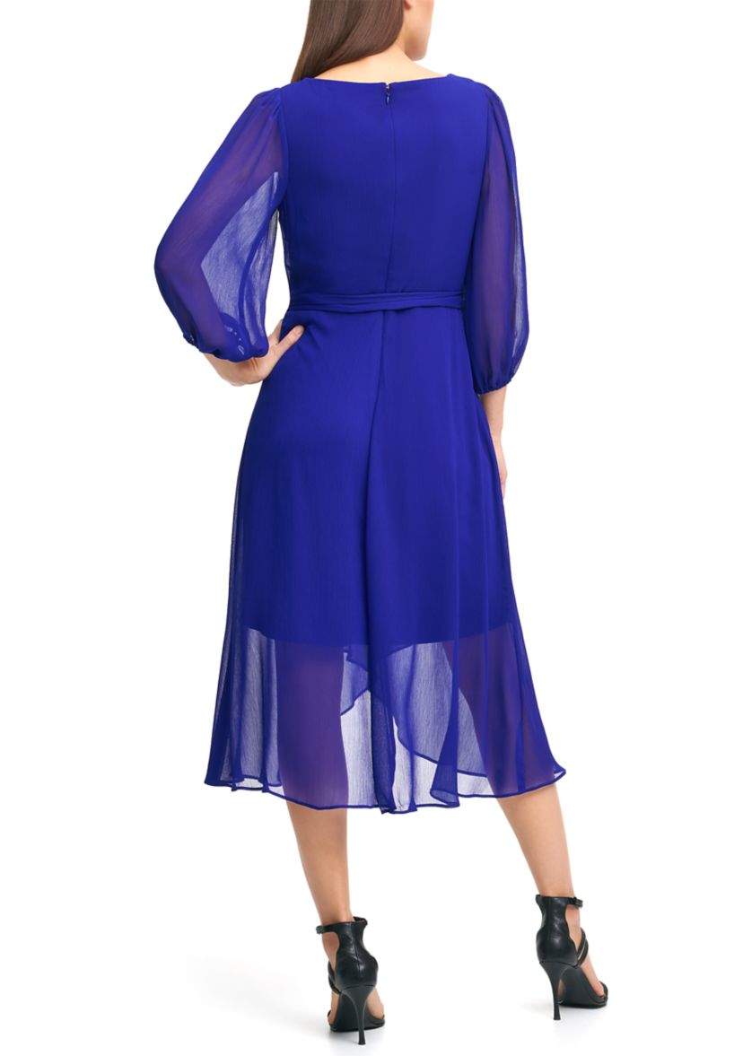 Womens Blouson Sleeve Tie Waist Solid Fit and Flare Dress
