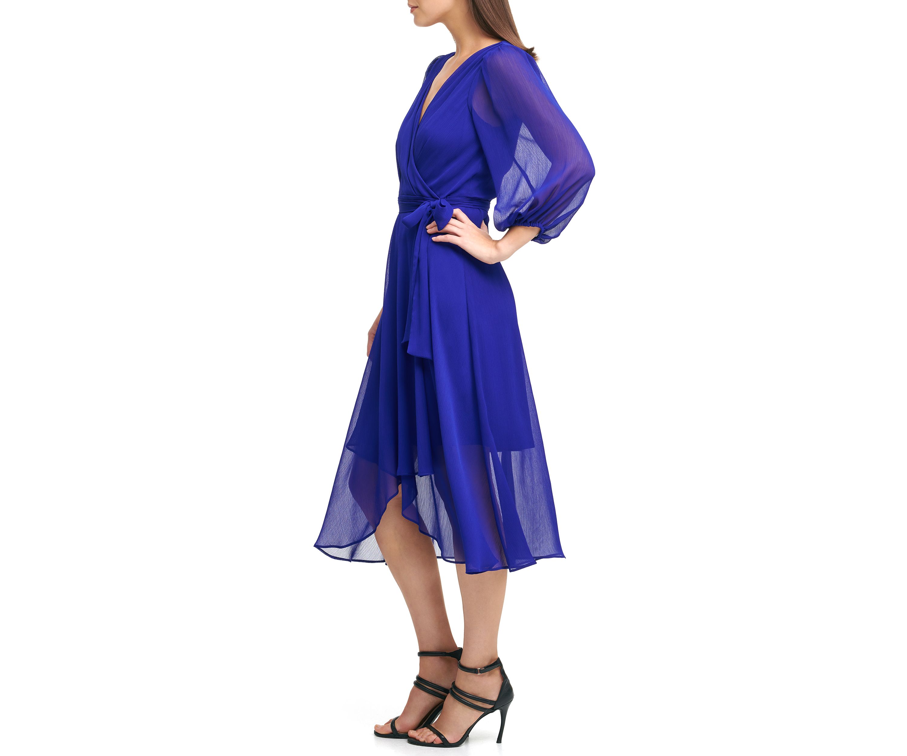 Womens Blouson Sleeve Tie Waist Solid Fit and Flare Dress