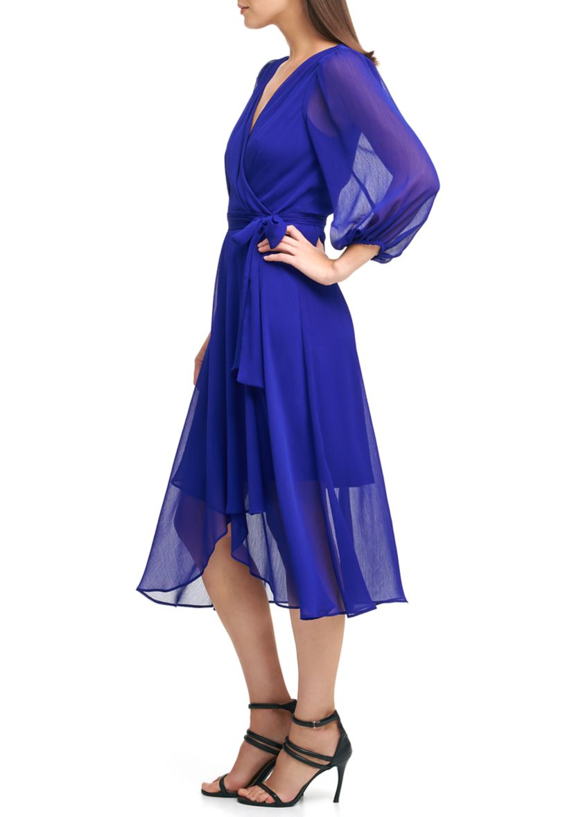 Womens Blouson Sleeve Tie Waist Solid Fit and Flare Dress