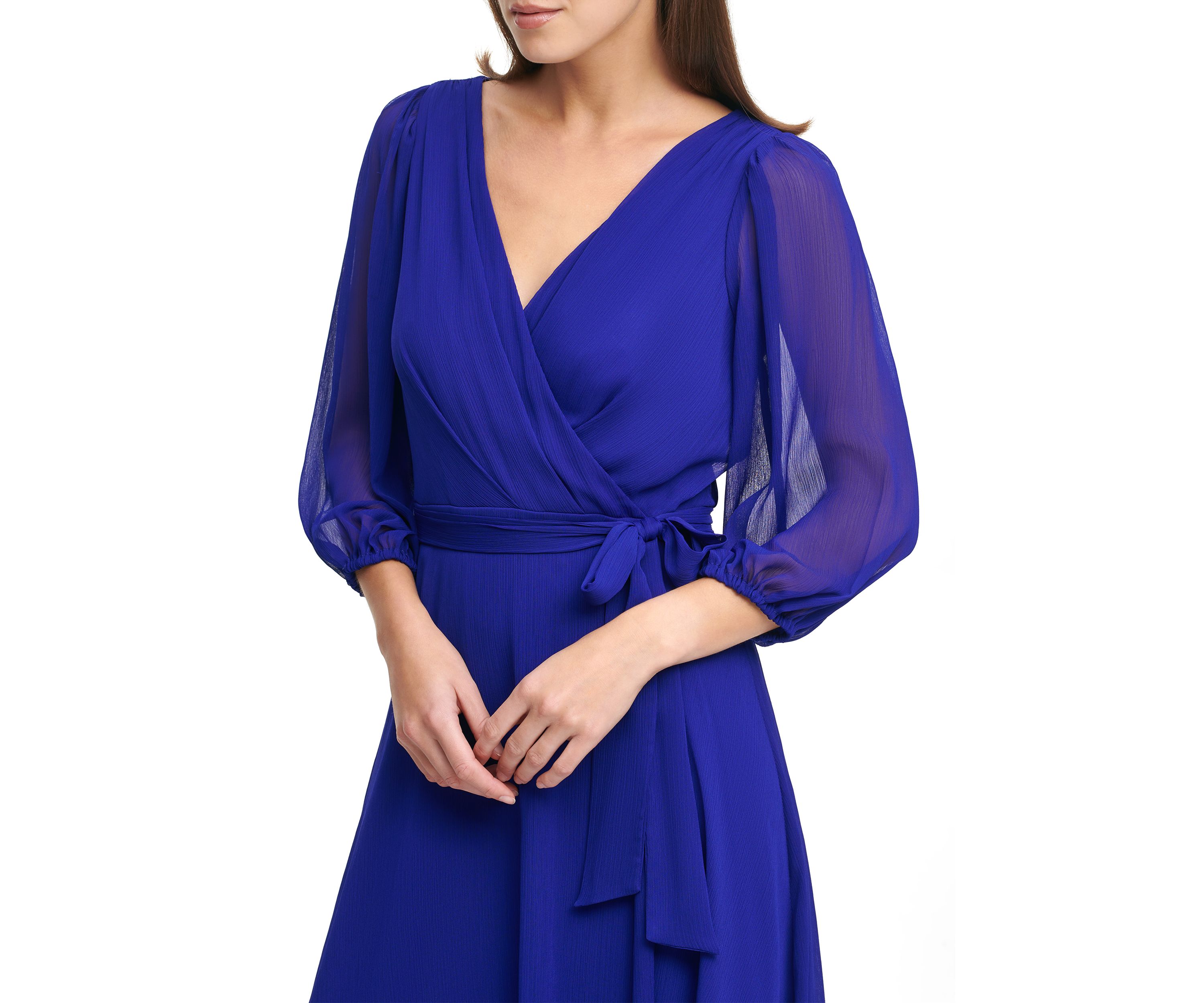 Womens Blouson Sleeve Tie Waist Solid Fit and Flare Dress