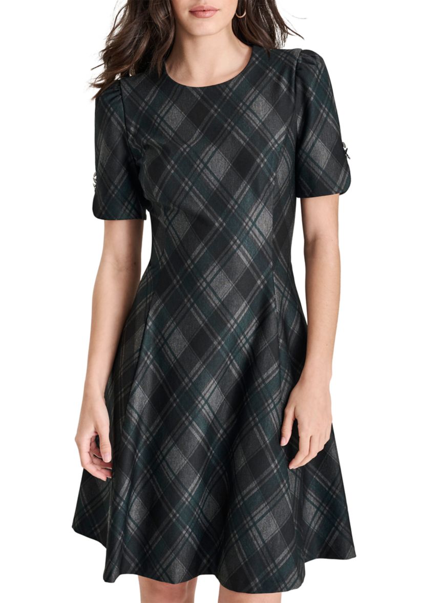 Womens Plaid Printed Fit and Flare Dress
