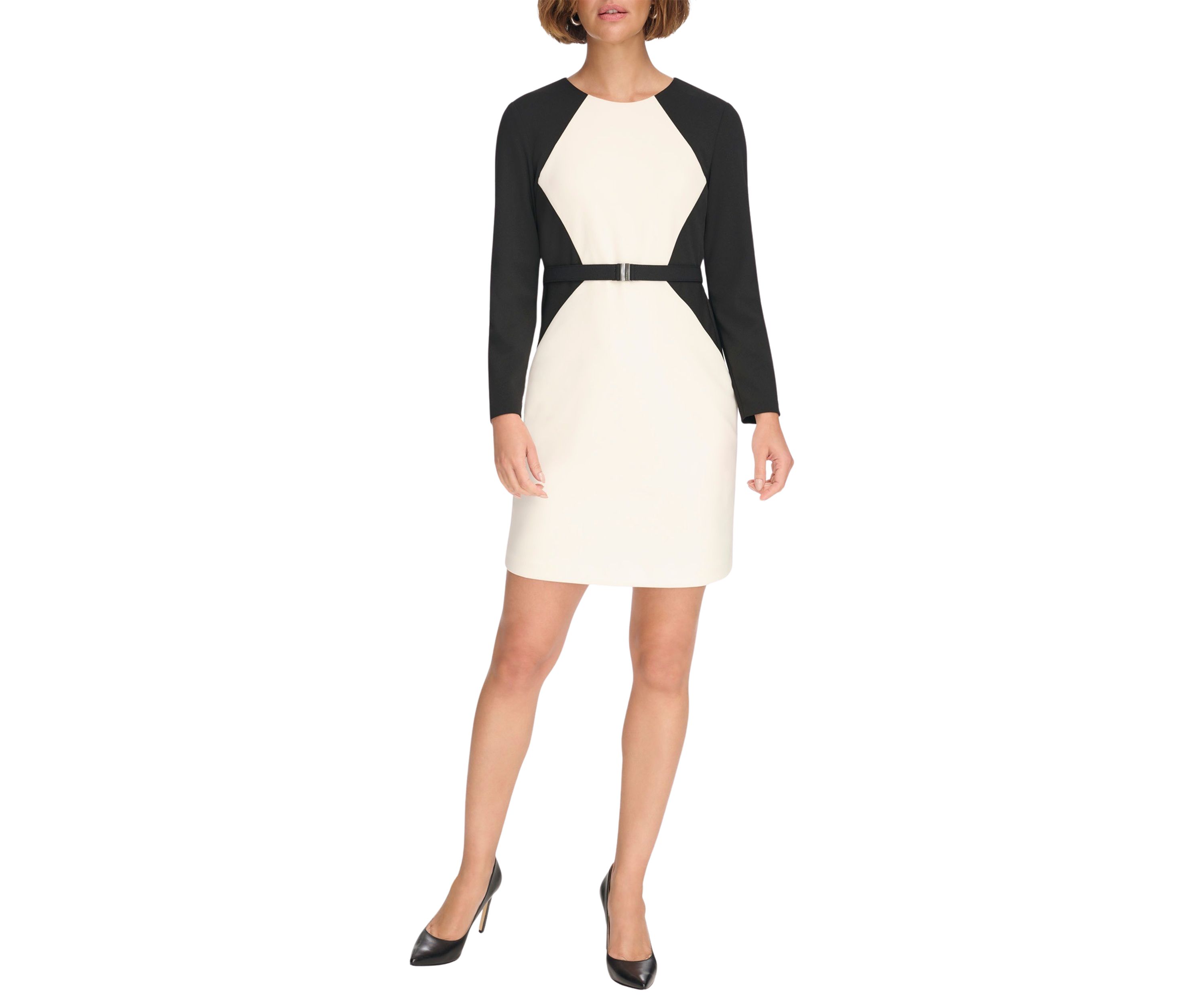 Womens Long Sleeve Round Neck Color Block Sheath Dress