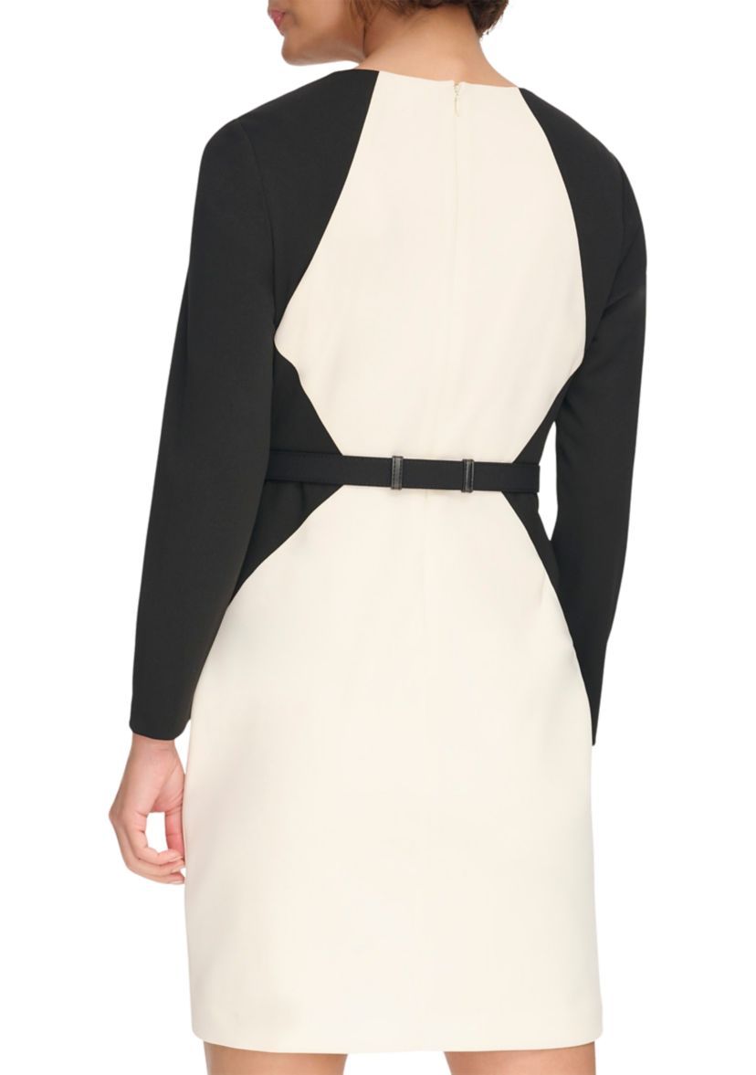 Womens Long Sleeve Round Neck Color Block Sheath Dress
