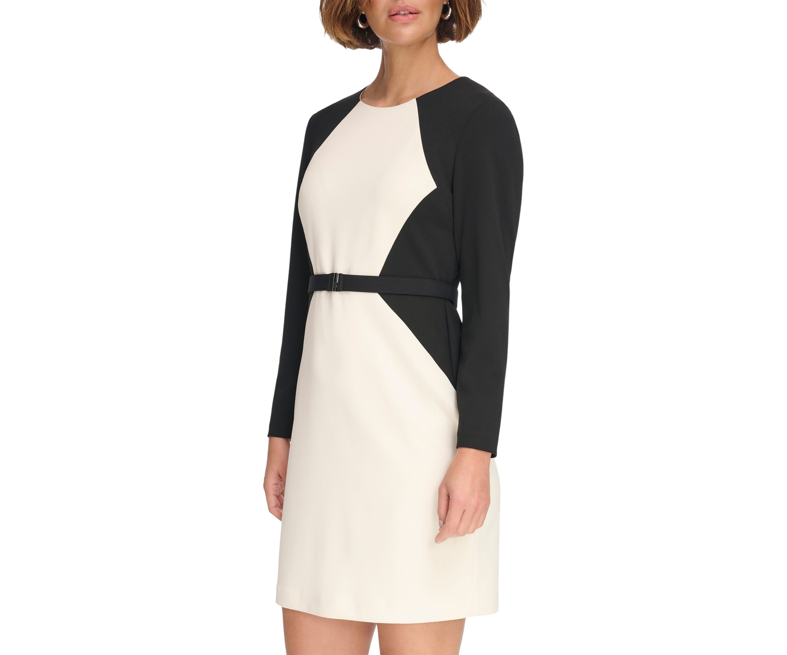 Womens Long Sleeve Round Neck Color Block Sheath Dress