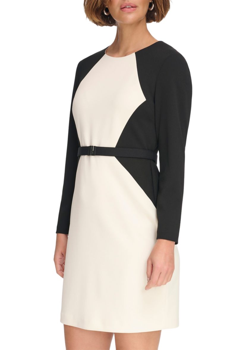 Womens Long Sleeve Round Neck Color Block Sheath Dress