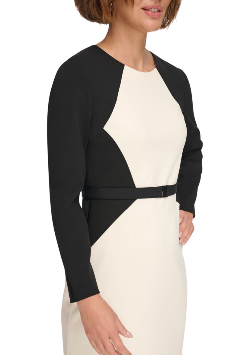 Womens Long Sleeve Round Neck Color Block Sheath Dress
