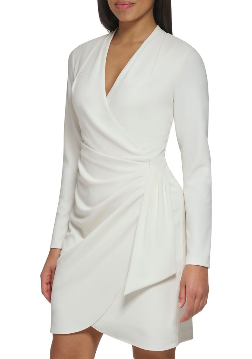 Womens Long Sleeve V-Neck Wrap Waist Solid Shift Dress