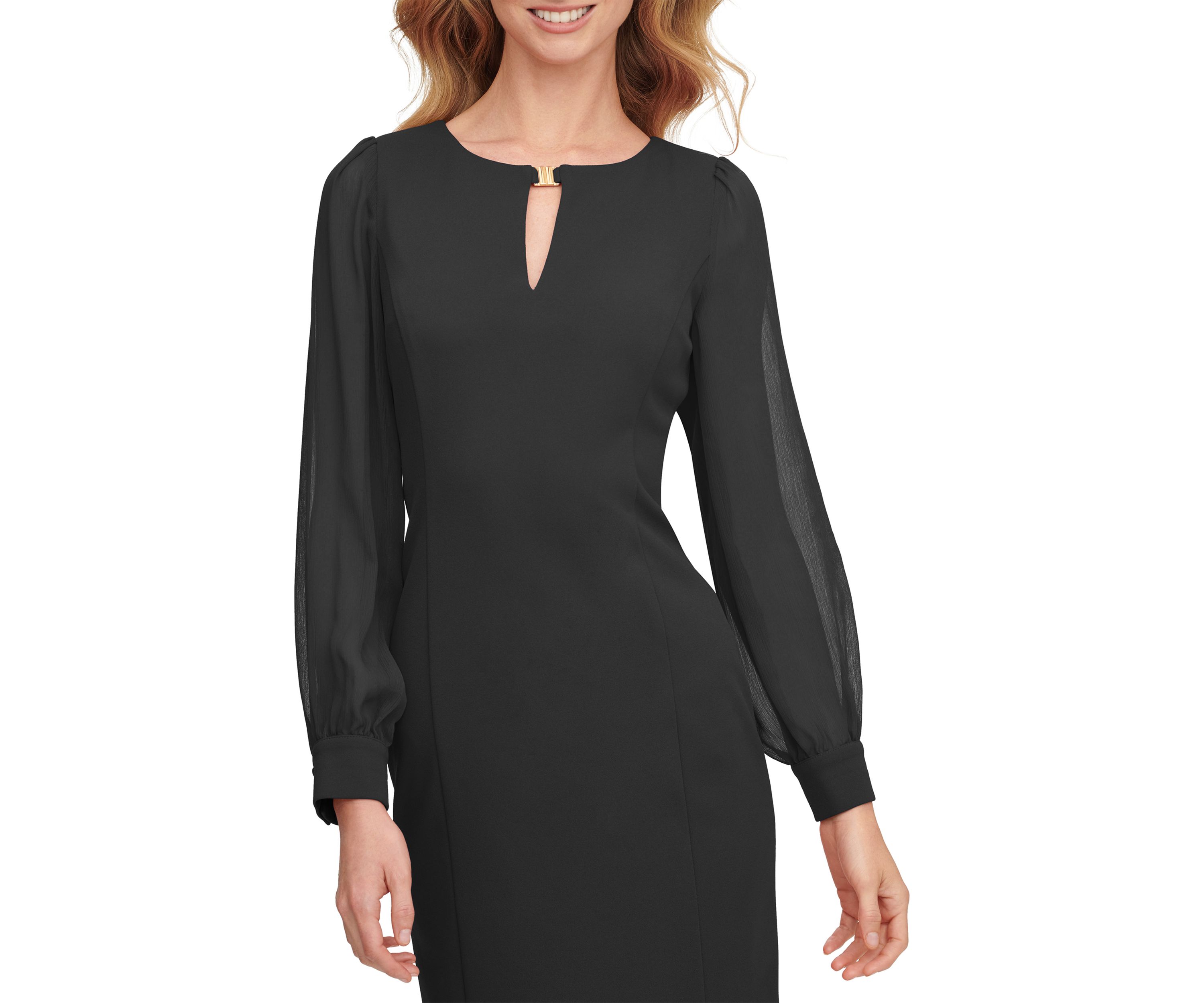 Womens Blouson Sleeve Solid A-Line Dress