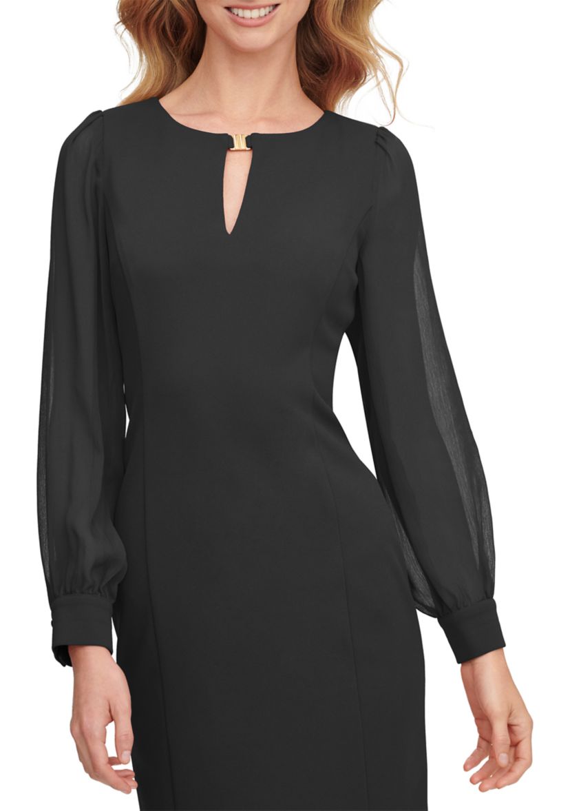 Womens Blouson Sleeve Solid A-Line Dress
