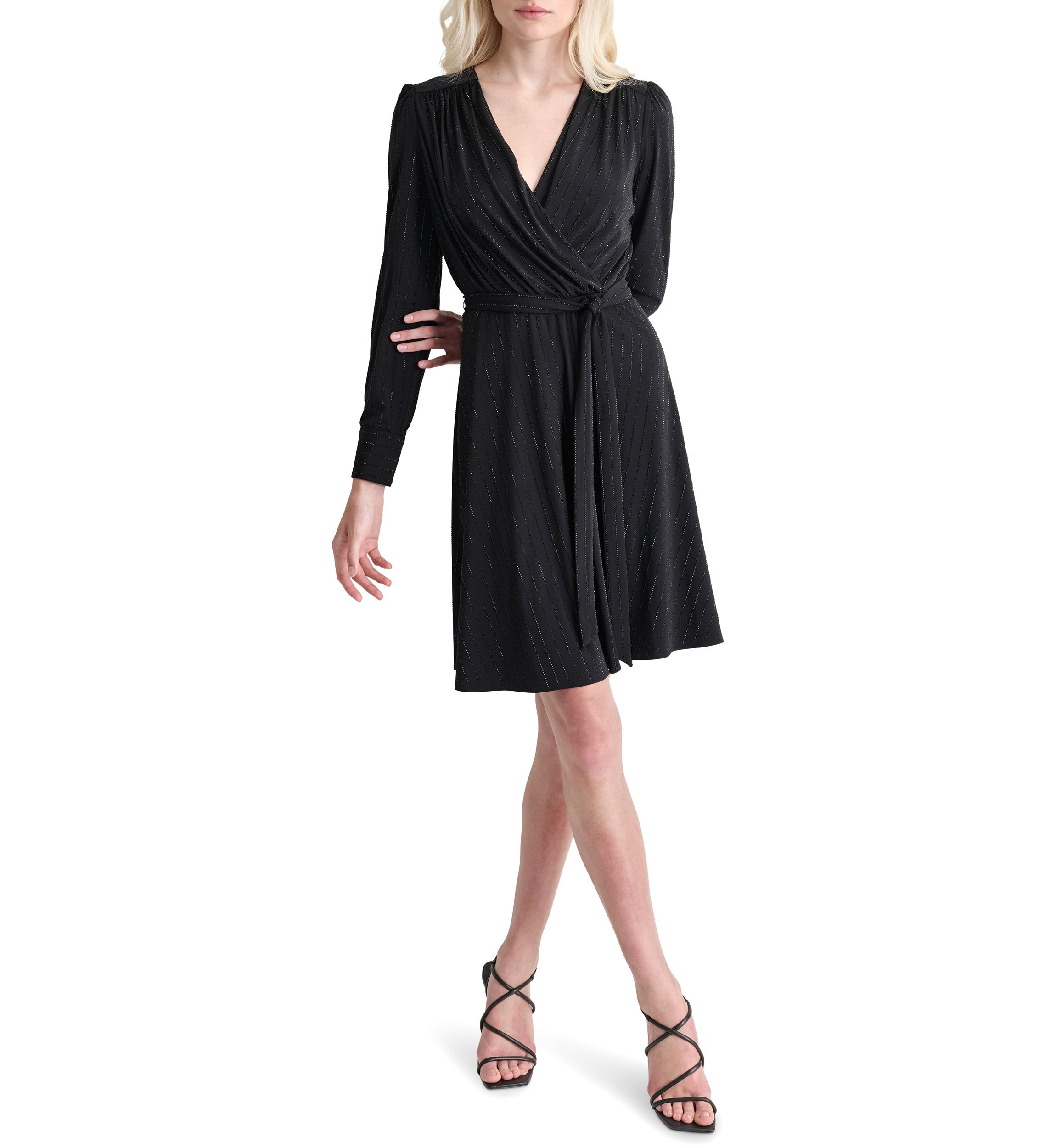 Womens V-Neck Belted Fit and Flare Dress
