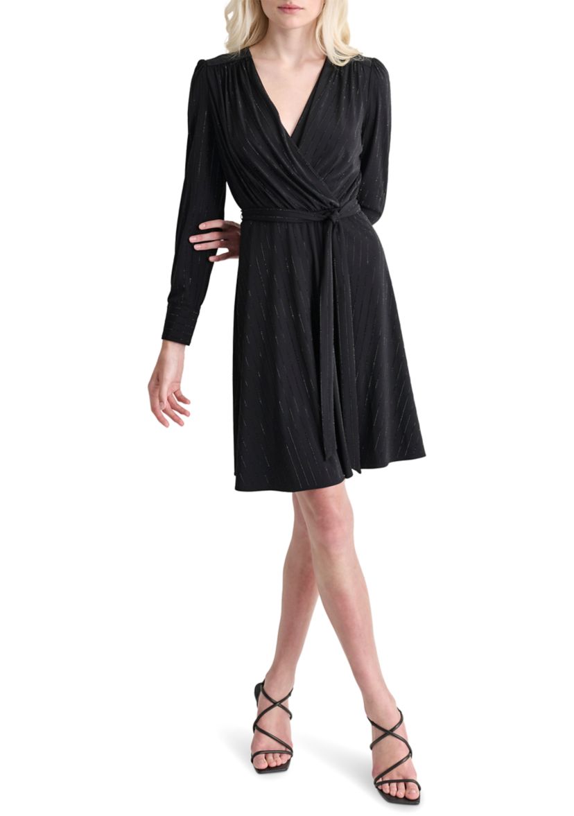 Womens V-Neck Belted Fit and Flare Dress